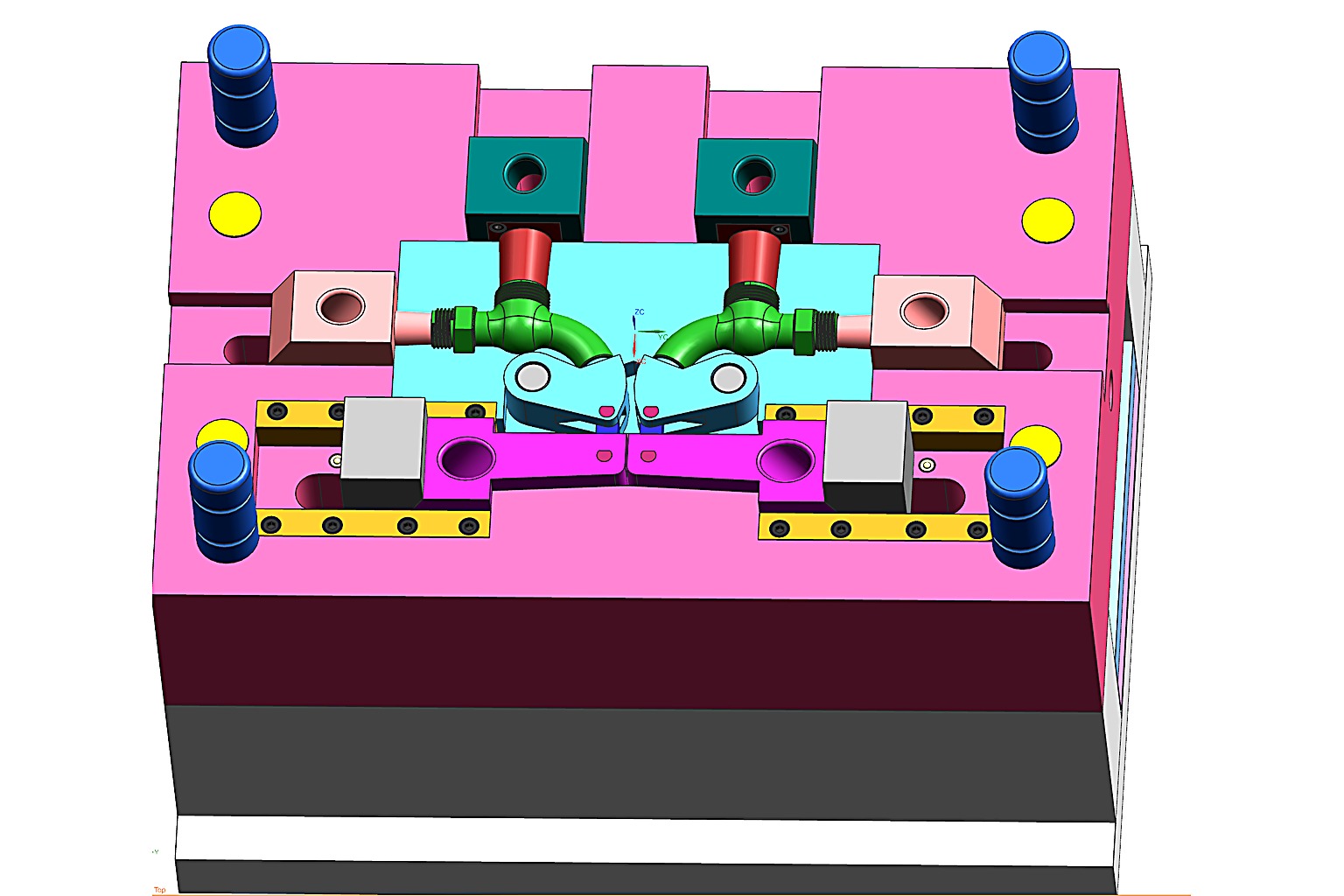 1x2 cavity plastic faucet injection mold base assembly showing leader pins, slider pockets, guide rails and locking wedges