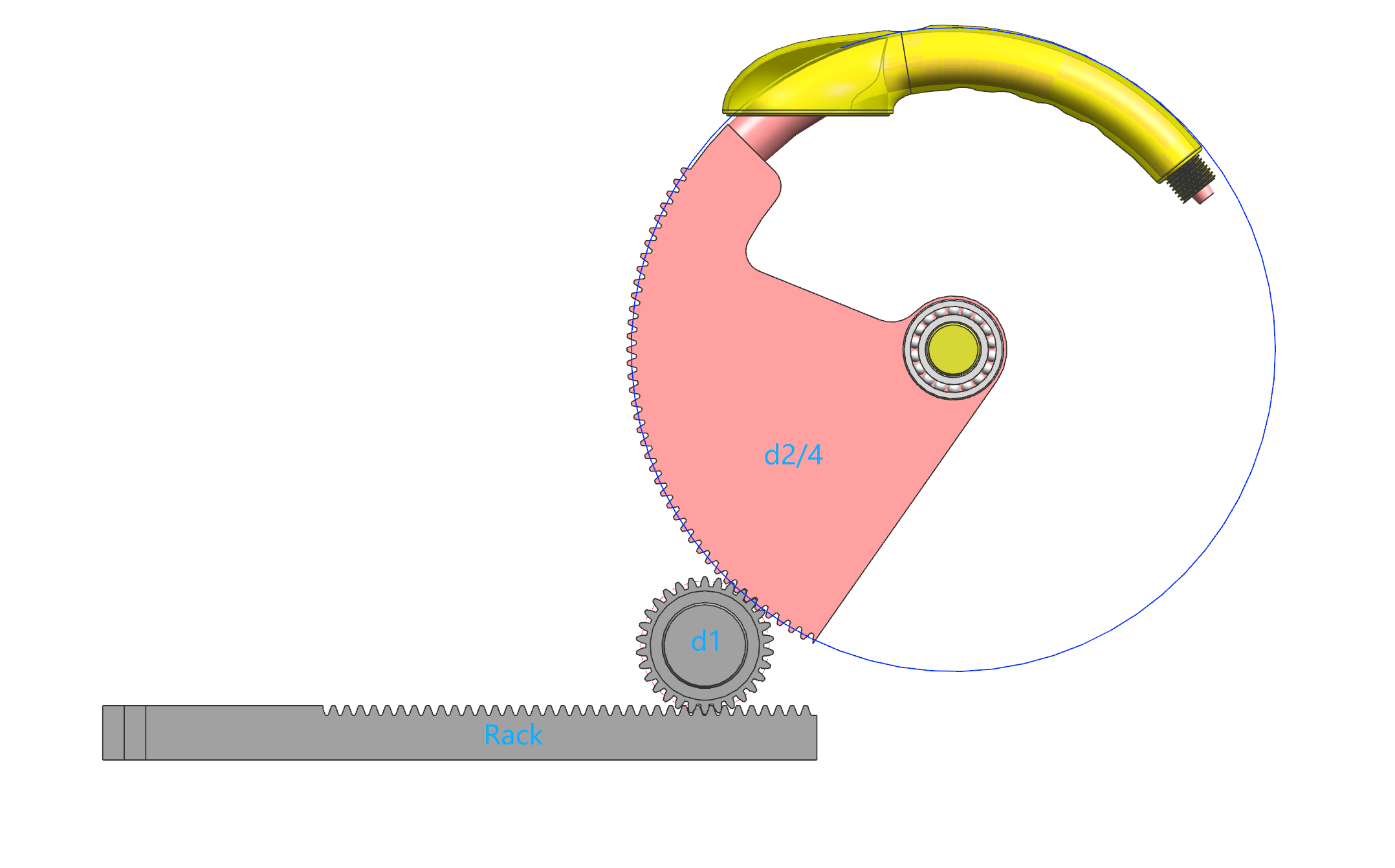 Rack, 60 mm pinion and 300 mm pitch-circle sector in the arc core pulling design
