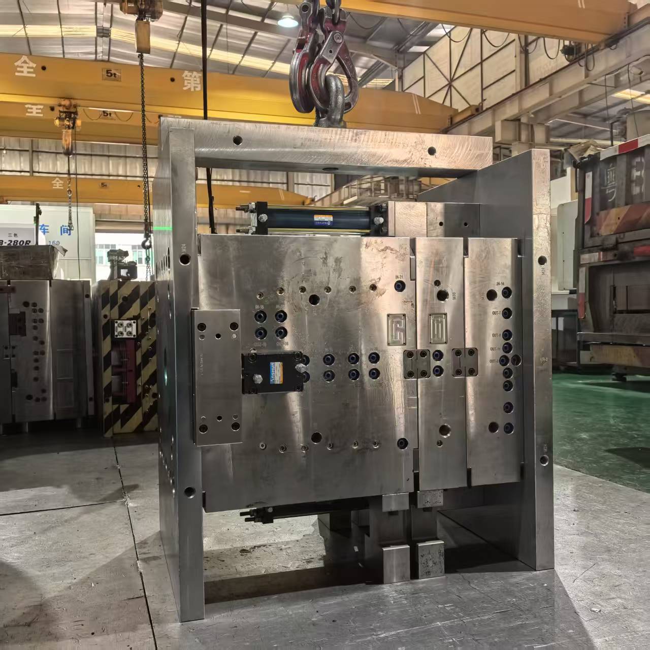 Completed child car seat injection mold prepared for shipment