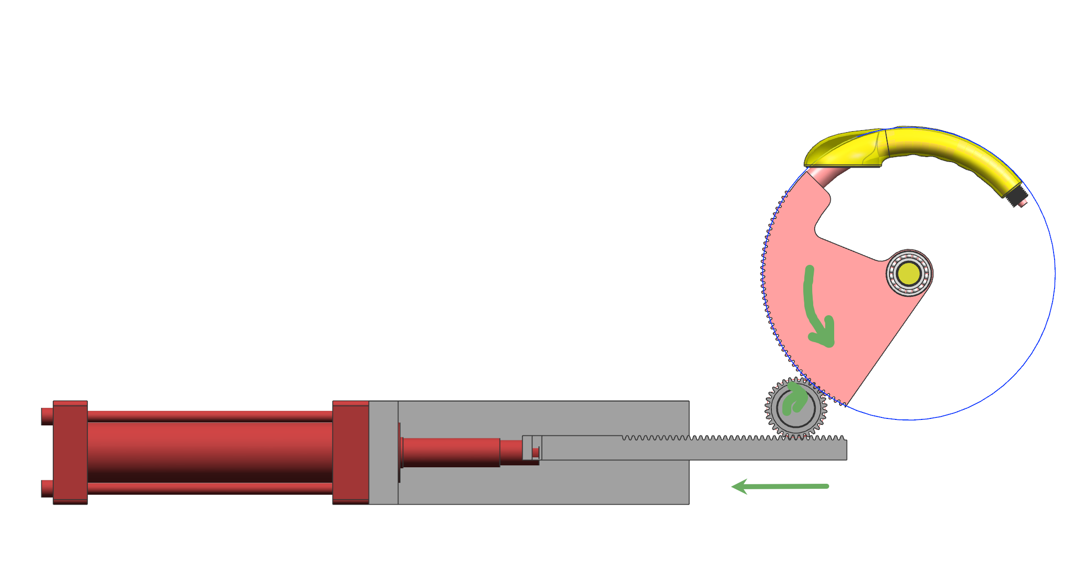 Hydraulic cylinder driving a rack and pinion to rotate an arc core carrier