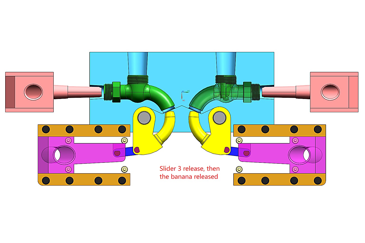 Mold opening sequence showing Slider 3 releasing first so the banana slider can then be released along its arcuate path