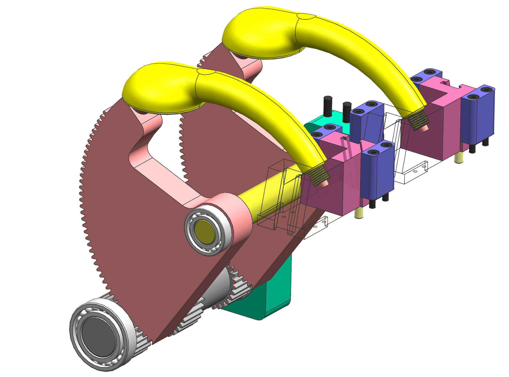 Two-cavity mold design with arc core pulling mechanisms and thread-forming sliders