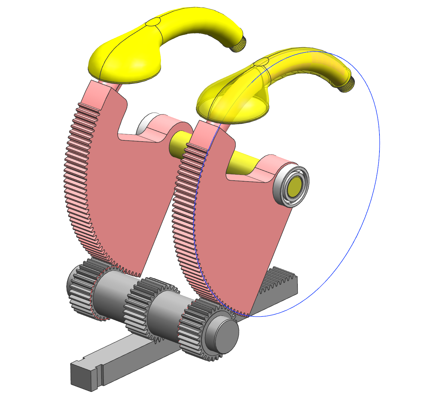 Paired curved cores in the molding position inside the shower head housings