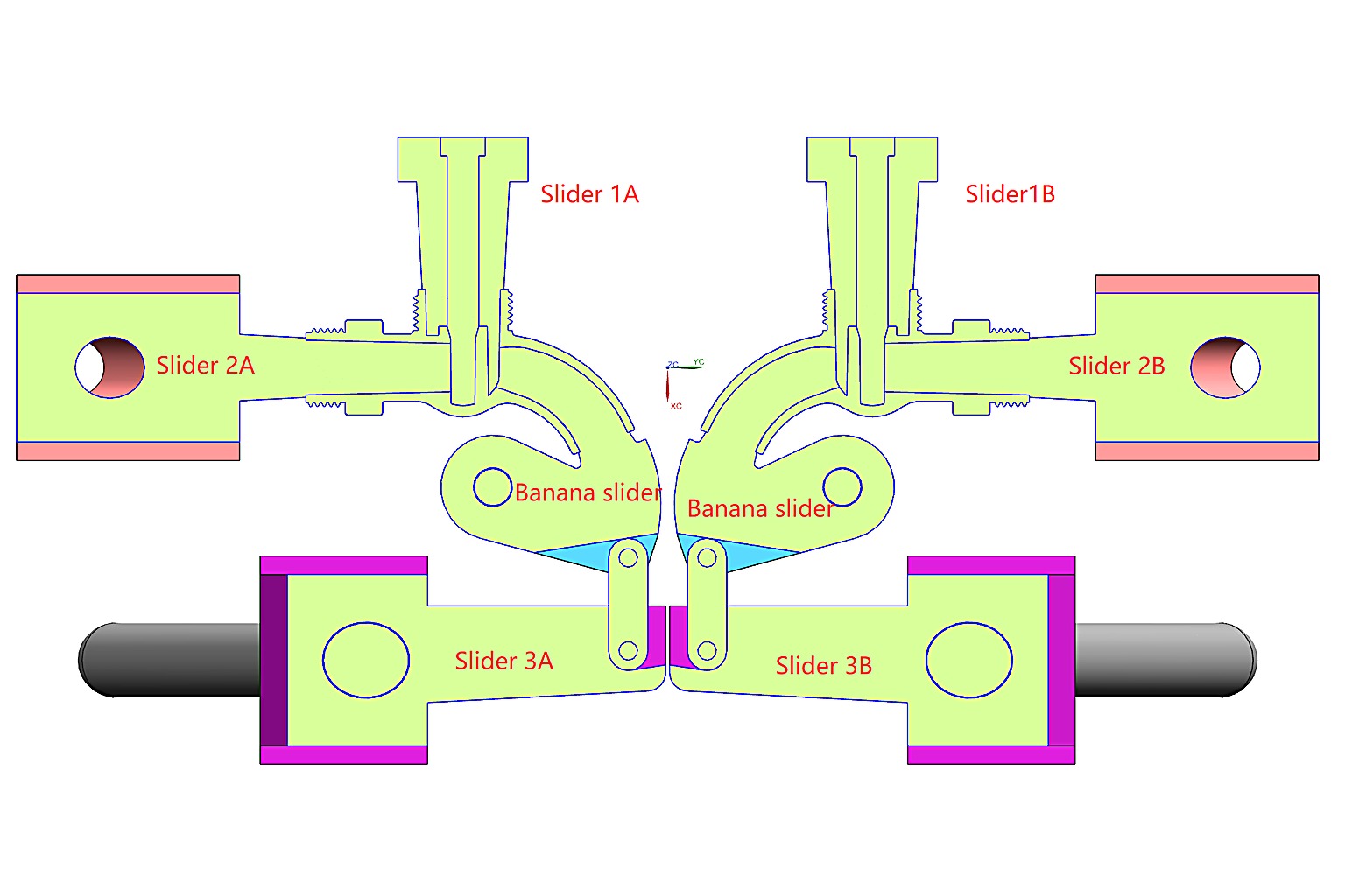 Detailed schematic of Slider 1A and 1B, Slider 2A and 2B, Slider 3A and 3B and the banana slider linkage in a 1x2 plastic faucet mold