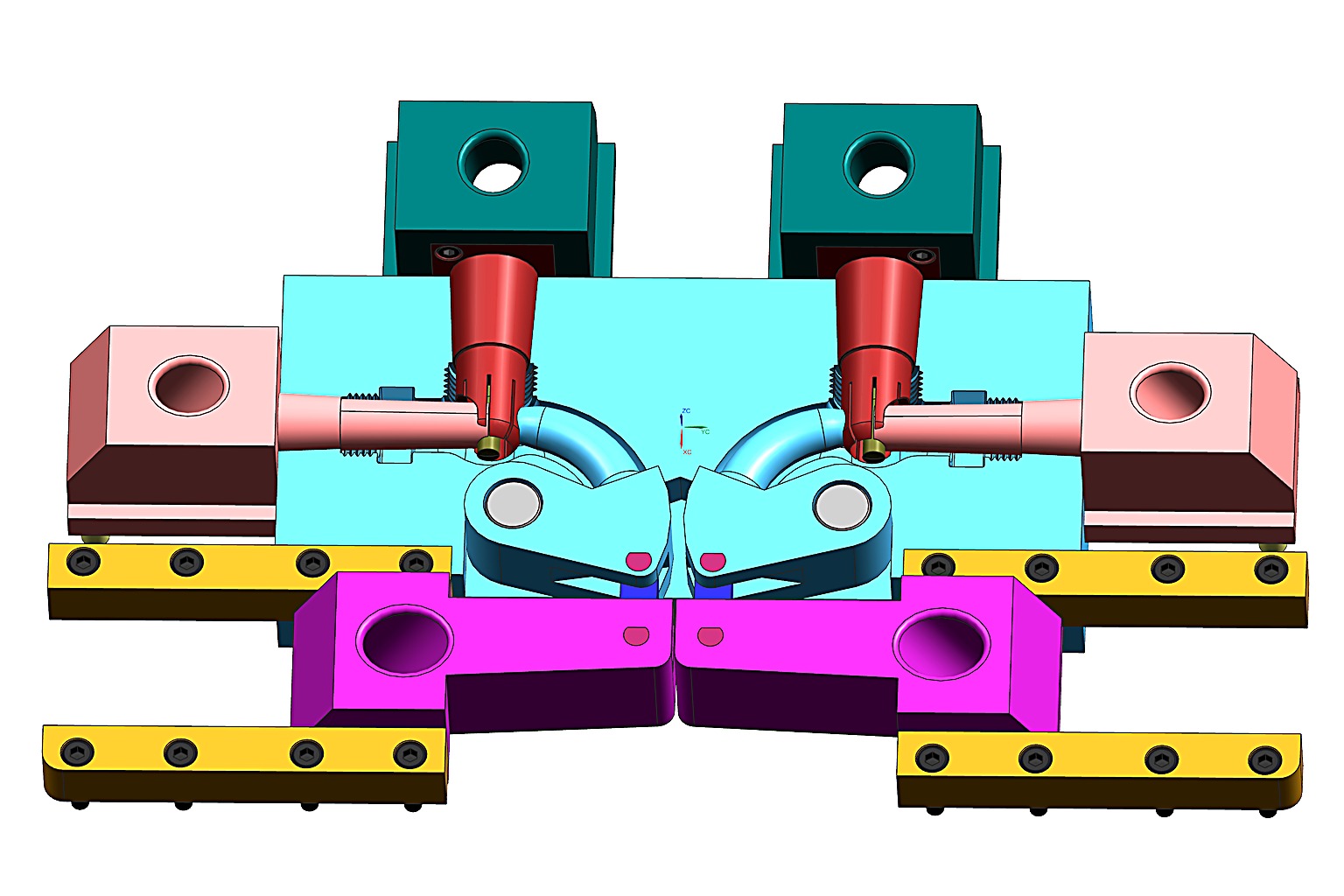 Front view of the faucet mold showing Slider 1A and 1B vertical slides, Slider 2A and 2B horizontal slides, and the banana slider linkage