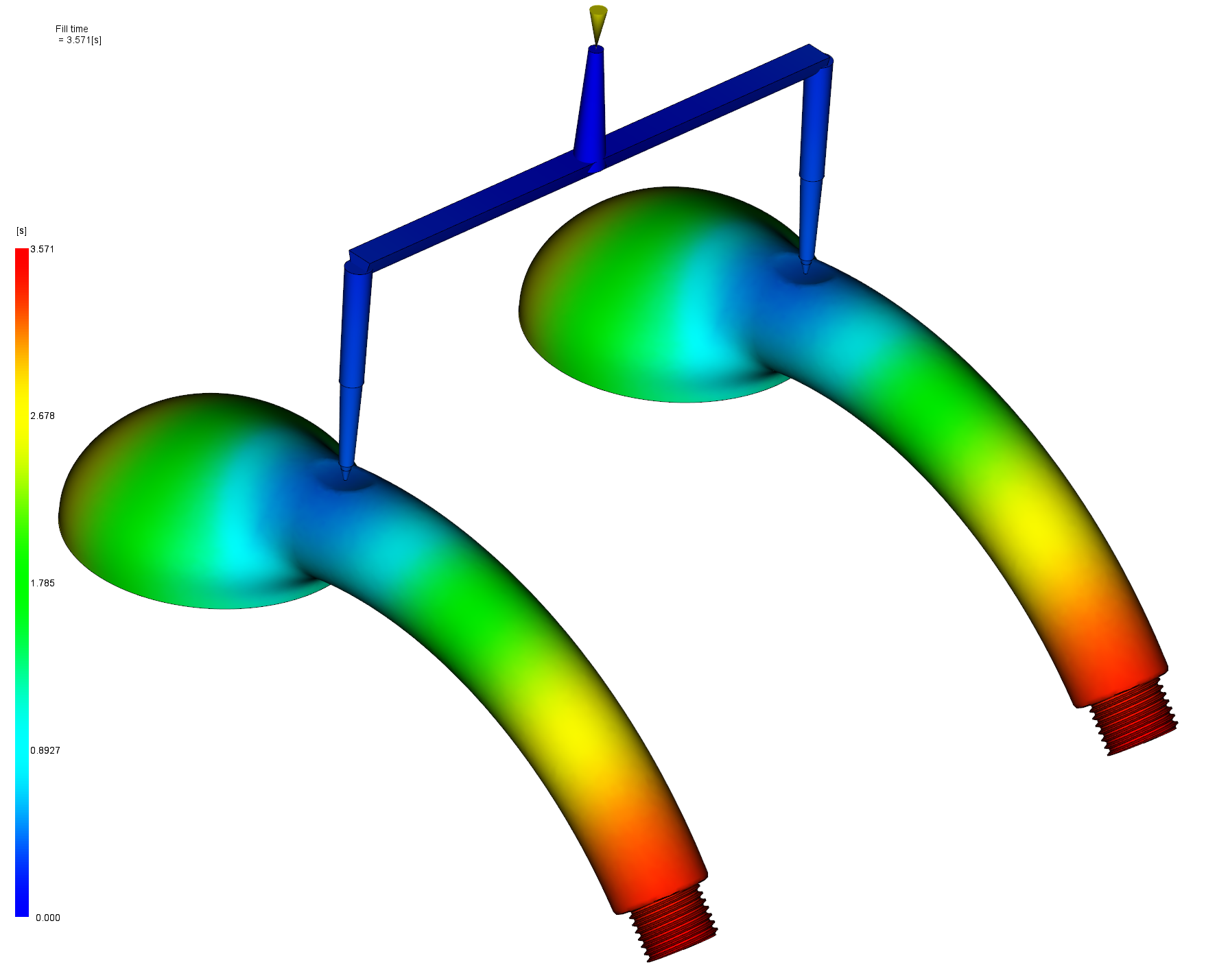 Filling simulation for a two-cavity shower head injection mold with a cold runner